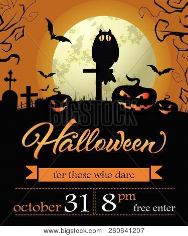 Halloween, October Thirty First Lettering With Pumpkins And Moon. Invitation Or Advertising Design. 