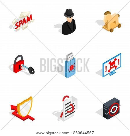 Spam, Virus, Thief Icons Set. Isometric 3d Illustration Of 9 Spam, Virus, Thief Icons For Web