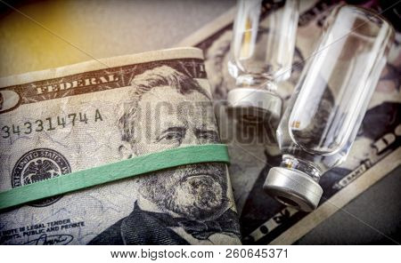 Vials With Different Substances Over Dollar, Concept Of Copayment