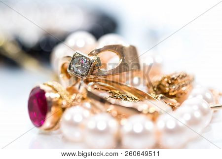 Real Gold Jewlery, Diamonds, Gems, Rings, Neckless With Pearls Close Up Shot , White Background, On 