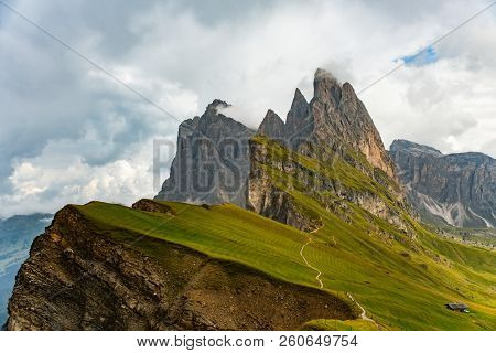 Amazing View Dolomites Mountains From Seceda Over Odle Puez Italy