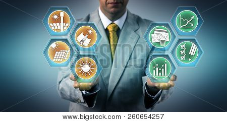 Investor Is Evaluating The Return On Investment Of Solar Power Sectors. Industry And Business Concep