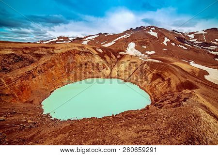 Viti Sulfur Blue Lake In Caldera Of Askja Volcano Crater In Iceland, Travel North Landscape. Panoram