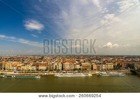 Editorial,  Elevated View Of Rooftops And River Danube With Boats