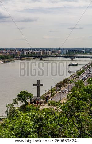 Stone Cross On Gellert Hill With The River Danube, Budapest, Hungary