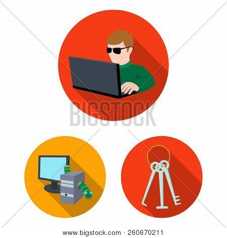 Hacker And Hacking Flat Icons In Set Collection For Design. Hacker And Equipment Vector Symbol Stock