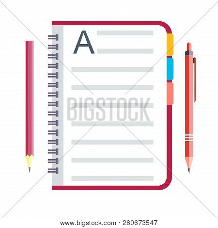Notebook And Pen. Stock Flat Vector Illustration.