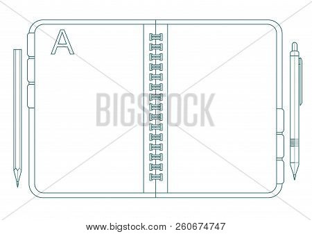 Notebook, Pencil And Pen. Stock Flat Vector Illustration