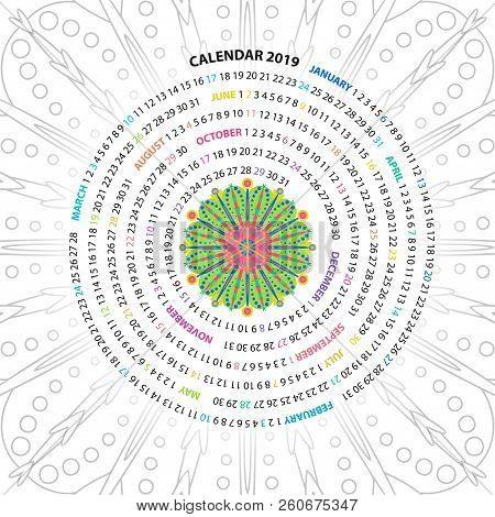 Archimedean Spiral Calendar For 2019 Year. With Round Mandala Floral Pattern. Vintage Style Template