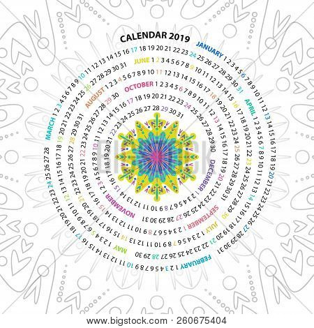 Archimedean Spiral Calendar For 2019 Year. With Round Mandala Floral Pattern. Vintage Style Template
