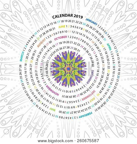 Archimedean Spiral Calendar For 2019 Year. With Round Mandala Floral Pattern. Vintage Style Template