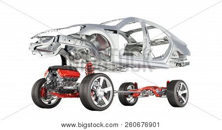 Body And Suspension Of The Car With Wheel And Engine Undercarriage With Bodycar In Detail Isolated O