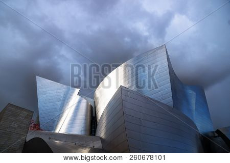 Los Angeles, California - February 24 2018: Walt Disney Concert Hall Under Dark Blue Cloudscape