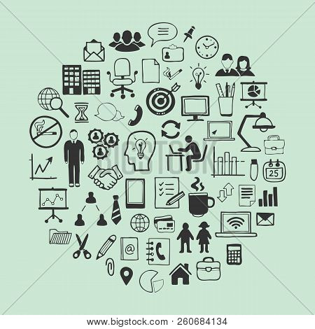 Hand Drawn Design Vector Illustration, Set Of Business Icons In Doodles Style, For Graphic And Web D