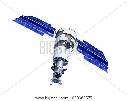 Orbital Artificial Earth Satellite With Blue Solar Panels On The Sides Surface Probing Isolated On W
