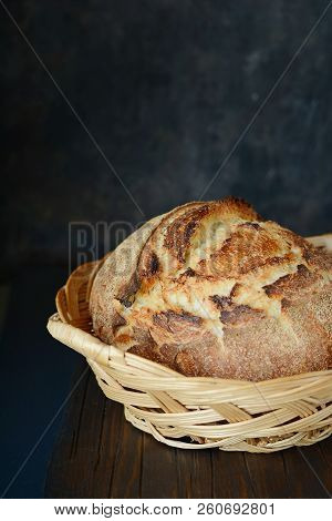 Fresh Homemade Bread From Whole Wheat And Rye Flour With Flax Seeds, Pumpkin And Oat Flakes On A Bro
