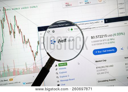Montreal, Canada - September 8, 2018: Aelf Altcoin Site Under Magnifying Glass. Blockchain Is A Grow