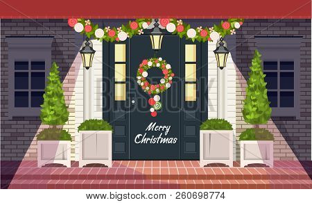 Vector Illustration. Christmas Decorations On The Front Door Of A Residential Building, A Wreath Of 