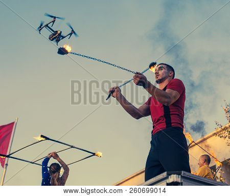 Tirana, Albania - September 2018: Aerial Gymnasts During Drums Performance Mobile Homme Over The Cit