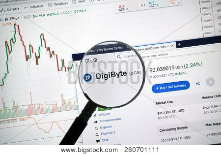 Montreal, Canada - September 8, 2018: Digibyte Altcoin Site Under Magnifying Glass. Blockchain Is A 