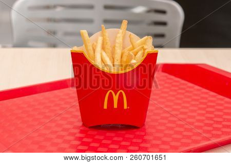 Moscow, Russia, March 15 2018: McDonald's, French Fries at red tray