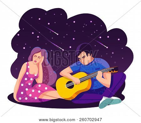 Love Concept. Girl And Guy Listen To Love Song In Open Air. Happy Valentines Day, Poster, Card, Bann