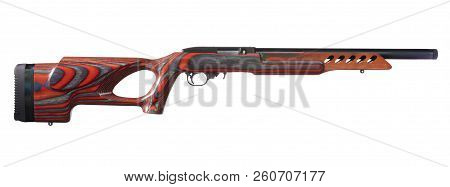 Rimfire Rifle With A Red Thumbhole Stock On A White Background