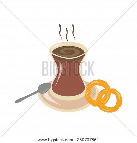 Vector Beautiful Delicious Hot Tea In A Traditional Glass Cup With A Bagel Simit In Turkey Istanbul 