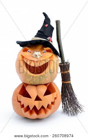 Pumpkin For Halloween Carved In The Shape Of A Smile. Jack Lantern Head Carved  From Pumpkin For Hal