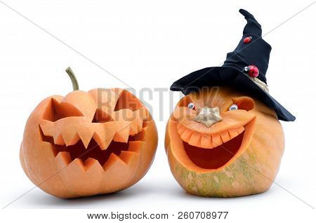 Pumpkin For Halloween Carved In The Shape Of A Smile. Jack Lantern Head Carved  From Pumpkin For Hal