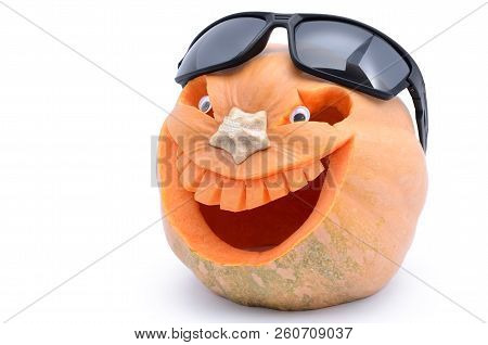 Pumpkin For Halloween Carved In The Shape Of A Smile. Jack Lantern Head Carved  From Pumpkin For Hal