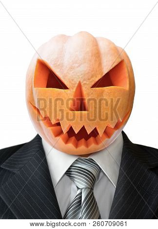 Portrait Of Jack Lantern  From Pumpkin In Black Business Suit. Pumpkin For Halloween Carved In The S