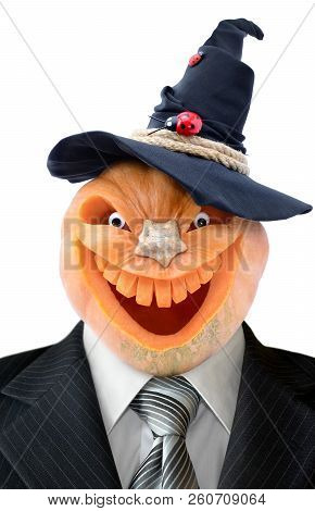Portrait Of Jack Lantern  From Pumpkin In Black Business Suit. Pumpkin For Halloween Carved In The S