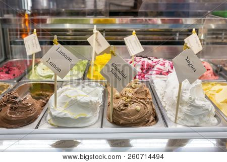 Classic italian gourmet gelato gelatto ice cream display in shop
