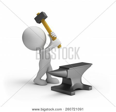 3d Person Hitting A Sledgehammer On An Anvil. 3d Image. White Background.