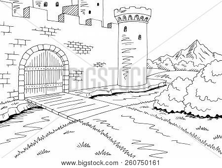 Castle Gate Graphic Black White Landscape Sketch Illustration Vector