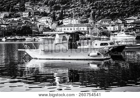 Fishing Boats In Marine, Trogir, Croatia. Ciovo Island. Travel Destination. Sunset Scene. Summer Vac