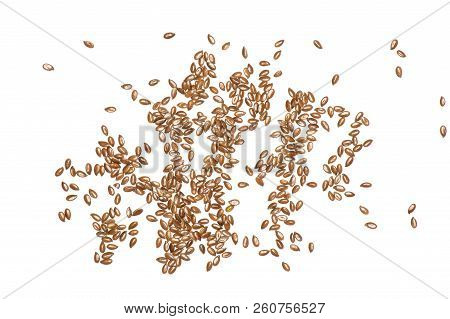 Lot Of Whole Fresh Brown Flaxseeds Flatlay Isolated On White Background