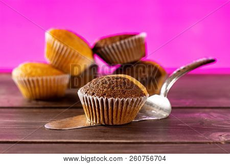 One Whole Fresh Baked Marble Muffin On Silver Cake Server With Pink In Background