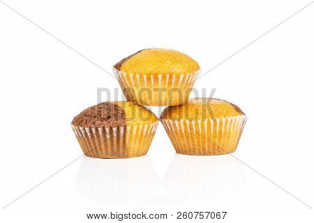 Group Of Three Whole Sweet Fresh Baked Marble Muffin Isolated On White Background