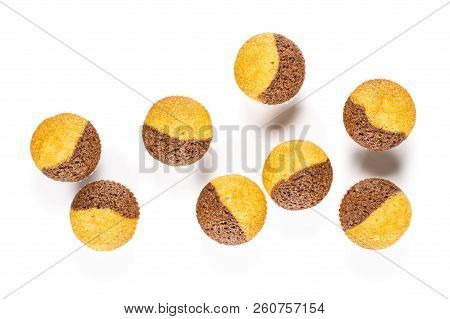 Group Of Eight Whole Sweet Fresh Baked Marble Muffin Flatlay Isolated On White Background