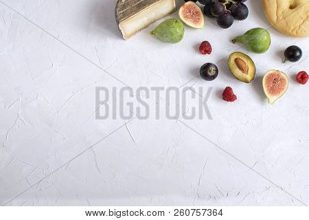 Flat Lay Italian Aperitivo Wine Appetizer Fig Prosciutto Grape Plum Cheese Focaccia Grissini Raspber