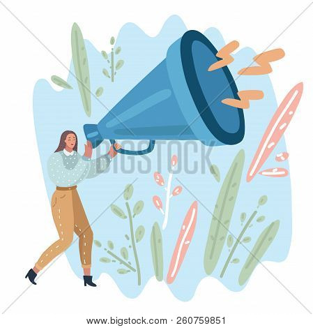 Vector Cartoon Illustration Of Business Woman Holding A Big Megaphone Loudspeaker Speaking Loudly An