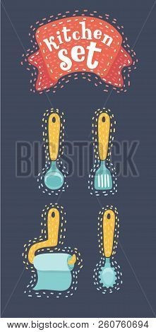 Set Of Isolated Kitchenware Icons, Ladle, Towel Holder, Spoon For Spaghetti, Spatula, Perforation Sp