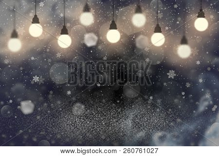 Beautiful Brilliant Abstract Background Glitter Lights With Light Bulbs And Falling Snow Flakes Fly 