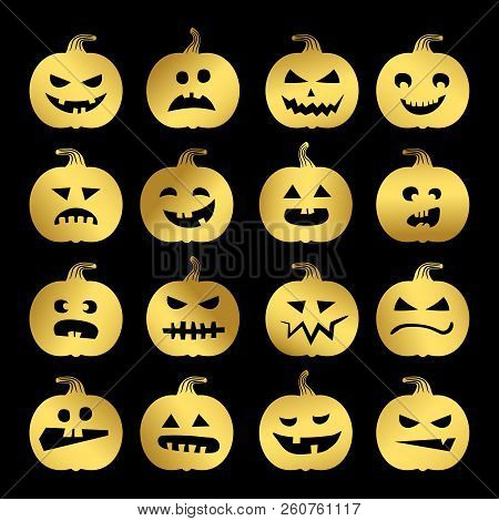 Gold Halloween Pumpkins Vector Set On Black Background