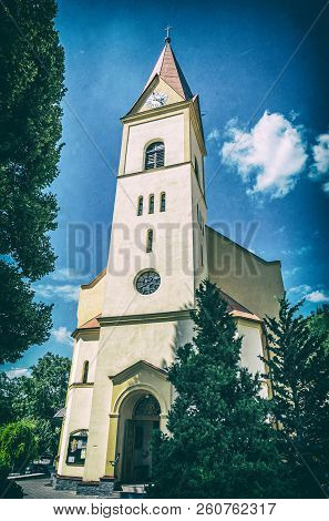 Church Of St. Stephen In Trencianske Teplice, Slovak Republic. Religious Architecture. Analog Photo 