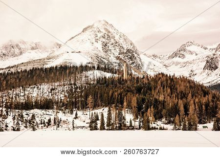 Solisko Peak With Springboard For Ski Jumping, Strbske Pleso, Slovak Republic. Winter Mountains. Sea