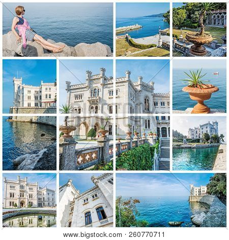 Best Of Miramare Castle, Northeastern Italy. Travel Destination. Beautiful Architecture. Collage Of 