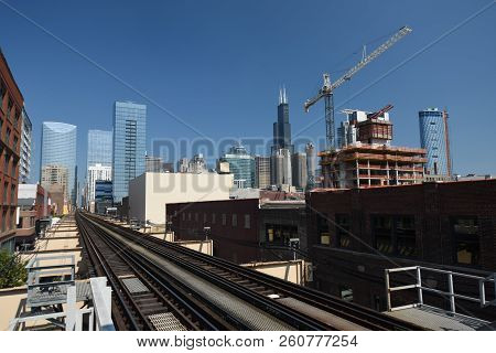 Chicago Transit Elevated Subway Train Tracks, Railroad Tracks Running Eastbound Parallel Off Into Th